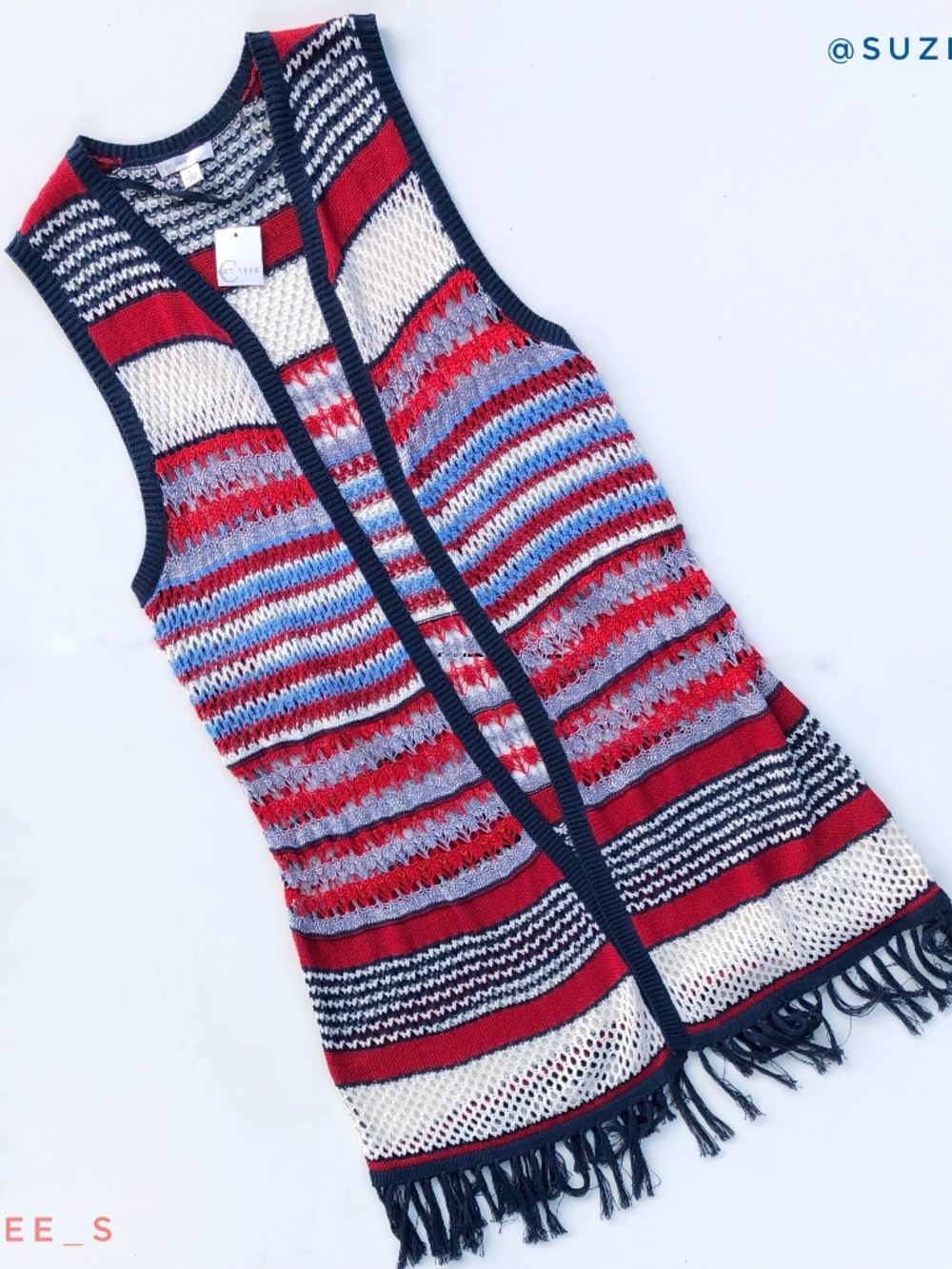 Red White & Blue Crochet Knit Fringe Vest Swimsuit Cover Up NWT L